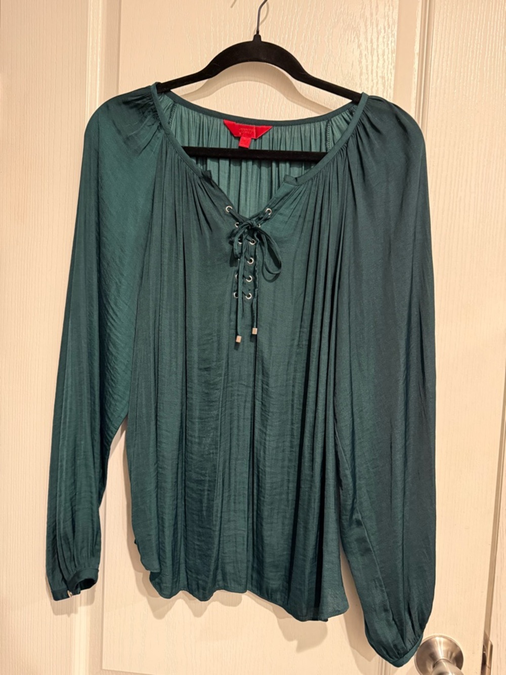 Jennifer Lopez Dark Green Lace-Up Peasant Blouse
